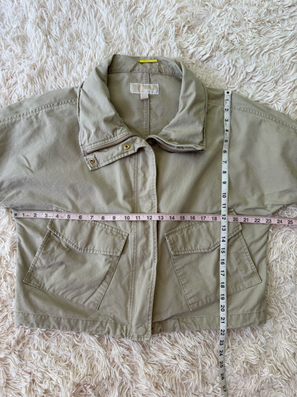 Michael Kors Utility Jacket Gold Hardware Cotton Beige Coat Size M - Picture 6 of 8